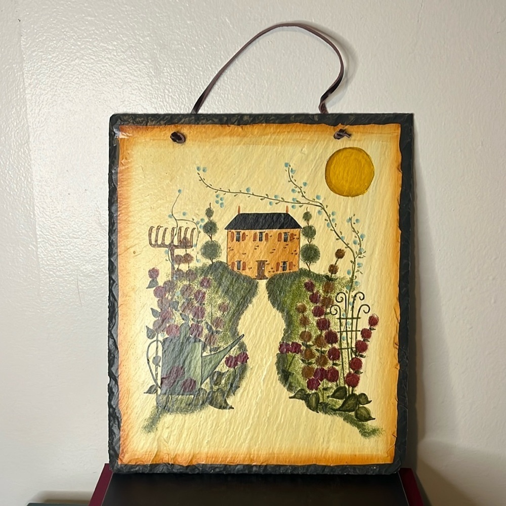 New Hand Painted Slate Folk Art Country Manor Rose Garden Wall Hanging